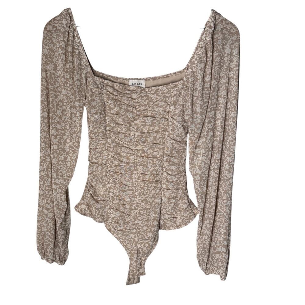 Le Lis Women’s Small Beige White Floral Ruched Square Neck Long Sleeve Bodysuit
